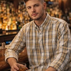 Preppy Plaid Cotton Shirt Men's L Button Down Collar Long Sleeve Yellow Grey